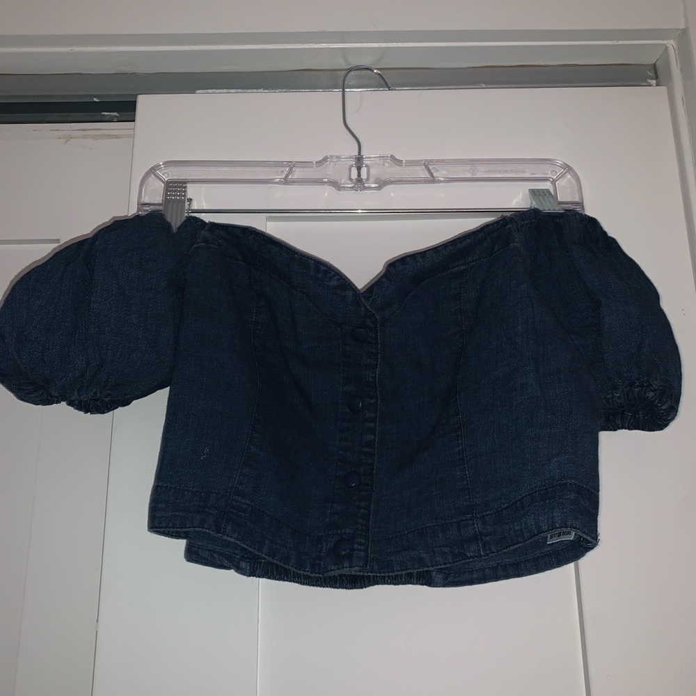 Denim Off the Shoulder Crop Top with Puffy Sleeve